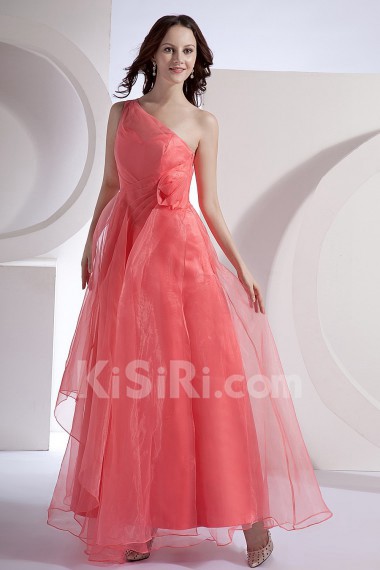 Chiffon One-Shoulder Ankle-Length Empire Dress with Hand-made Flower