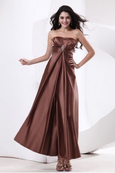 Satin Strapless Ankle-Length A-line Dress with Pleated