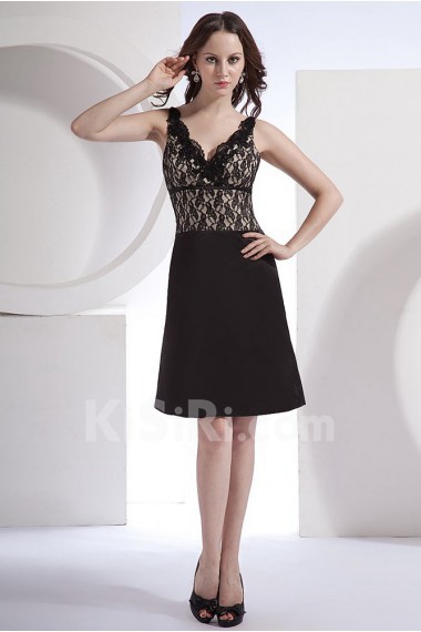 Satin V-Neckline Short A-Line Dress with Lace 