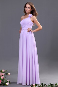 Chiffon One-Shoulder Floor Length A-line Dress with Hand-made Flower