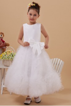 Satin and Tulle Jewel Neckline Ankle-Length A-line Dress with Bow