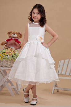 Satin and Organza Jewel Neckline Tea-Length A-line Dress