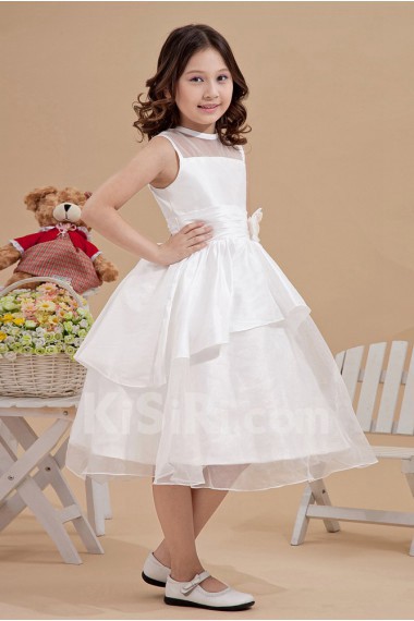 Satin and Organza Jewel Neckline Tea-Length A-line Dress