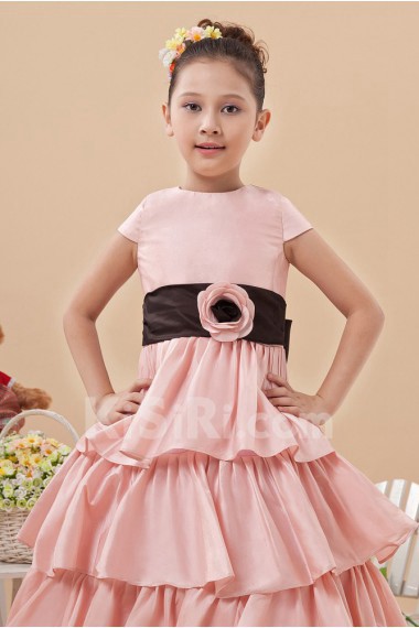 Satin Jewel Neckline Short Princess Dress with Hand-made Flower and Cap-Sleeves