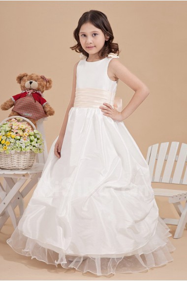 Satin and Yarn Bateau Neckline Ankle-Length Beach Dress with Bow and Hand-made Flowers