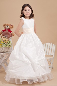 Satin and Yarn Bateau Neckline Ankle-Length Beach Dress with Bow and Hand-made Flowers