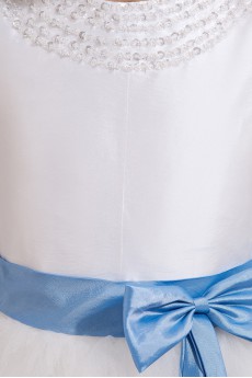 Yarn and Satin Bateau Neckline Tea-Length A-line Dress with Beaded