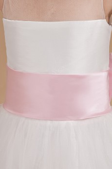 Organza and Satin Bateau Neckline Tea-Length A-line Dress with Bow