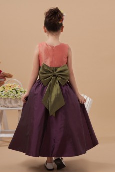 Taffeta Jewel Neckline Ankle-Length Ball Gown Dress with Bow