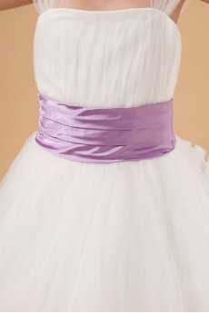 Organza Straps Neckline Tea-Length A-line Dress with Cap-Sleeves