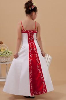Satin Spaghetti Straps Ankle-Length A-line Dress with Embroidery 