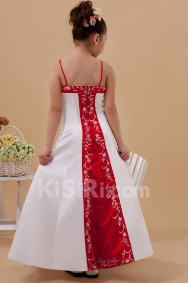 Satin Spaghetti Straps Ankle-Length A-line Dress with Embroidery 