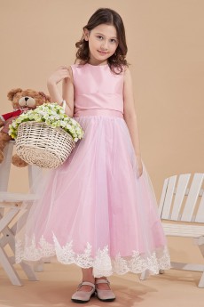 Satin and Mesh Jewel Neckline Ankle-Length Ball Gown Dress