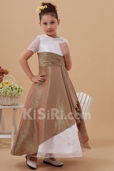 Taffeta and Organza Jewel Neckline Ankle-Length A-Line Dress with Short Sleeves