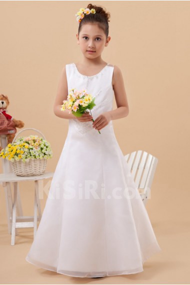 Satin and Organza Jewel Neckline Ankle-Length A-Line Dress with Embroidery 