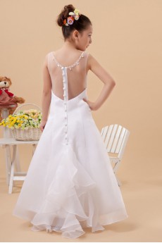 Satin and Organza Jewel Neckline Ankle-Length A-Line Dress with Embroidery 