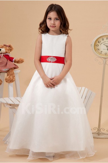 Satin and Organza Jewel Neckline Ankle-Length A-Line Dress with Beaded