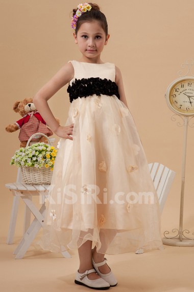Organza and Satin Jewel Neckline Tea-length A-line Dress with Embroidery 