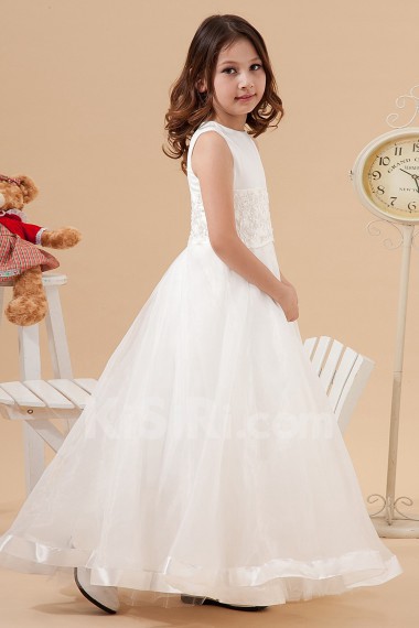 Satin and Organza Jewel Neckline Floor Length A-Line Dress with Embroidery 