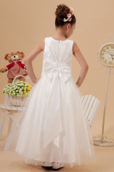 Taffeta and Organza Jewel Neckline Ankle-Length Ball Gown Dress with Bow