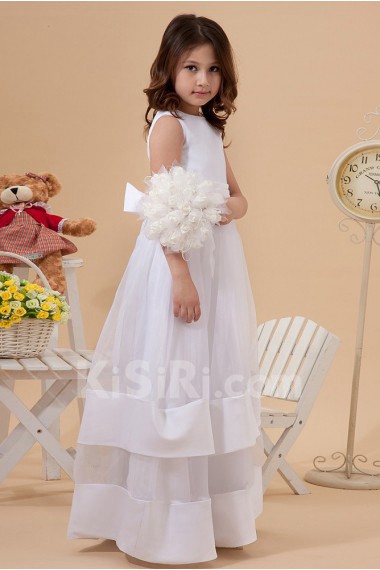 Organza and Satin Jewel Neckline Ankle-Length A-Line Dress with Bow