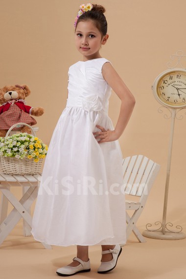 Taffeta Jewel Neckline Ankle-Length A-Line Dress with Hand-made Flower