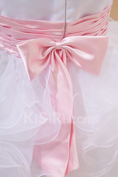 Satin and Organza Jewel Neckline Floor Length A-Line Dress with Bow