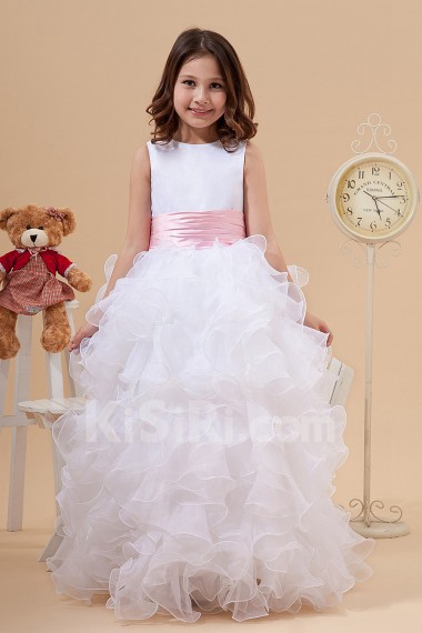 Satin and Organza Jewel Neckline Floor Length A-Line Dress with Bow