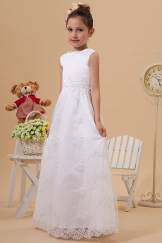 Satin and Lace Jewel Neckline Floor Length A-line Dress with Ruffle