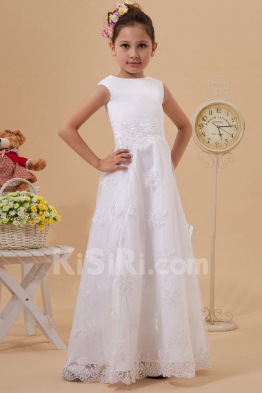 Satin and Lace Jewel Neckline Floor Length A-line Dress with Ruffle