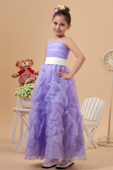 Satin and Organza Spaghetti Straps Ankle-Length A-Line Dress with Ruffle