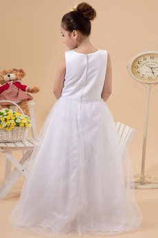 Satin and Tulle Jewel Neckline Floor Length A-Line Dress
