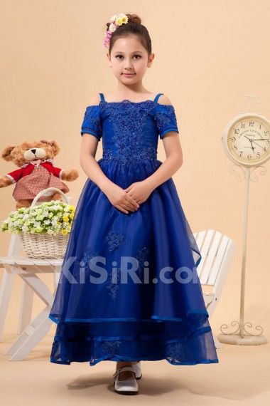 Organza Straps Neckline Ankle-Length A-line Dress with Embroidery and Short Sleeves