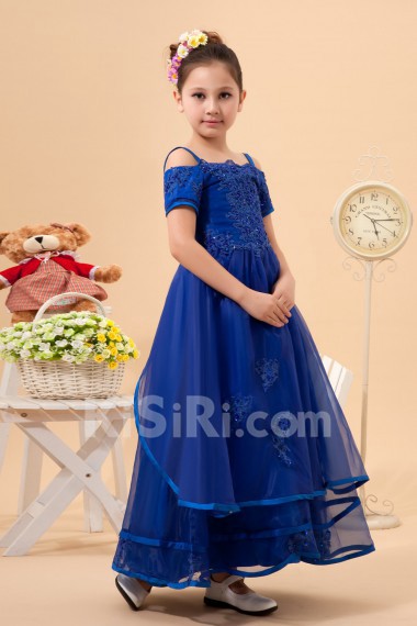 Organza Straps Neckline Ankle-Length A-line Dress with Embroidery and Short Sleeves