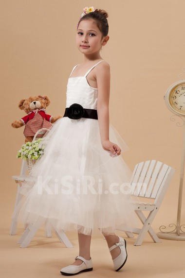 Satin and Mesh Straps Neckline Tea-Length A-line Dress with Hand-made Flower