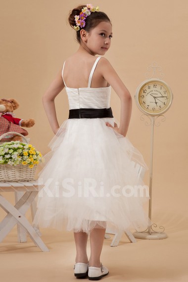 Satin and Mesh Straps Neckline Tea-Length A-line Dress with Hand-made Flower