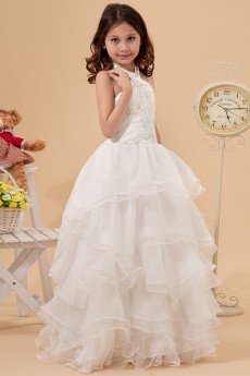 Satin and Organza Halter Neckline Floor Length A-Line Dress with Embroidery and Ruffle