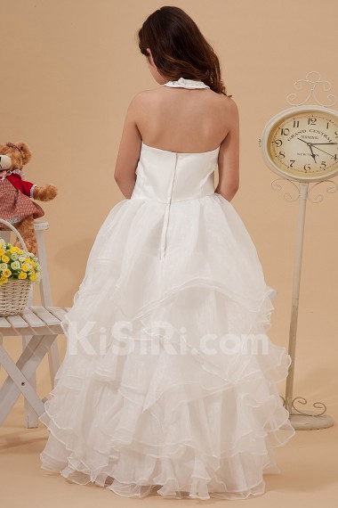 Satin and Organza Halter Neckline Floor Length A-Line Dress with Embroidery and Ruffle