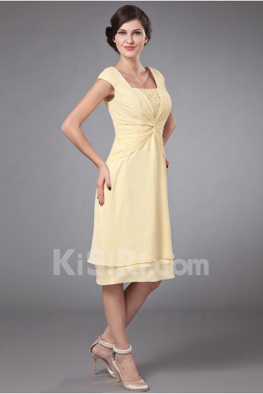 Chiffon Square Neckline Short Dress with Ruffle and Cap-Sleeves