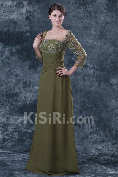 Chiffon and Lace Square Neckline Floor Length Column Dress with Three-quarter Sleeves