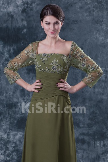 Chiffon and Lace Square Neckline Floor Length Column Dress with Three-quarter Sleeves