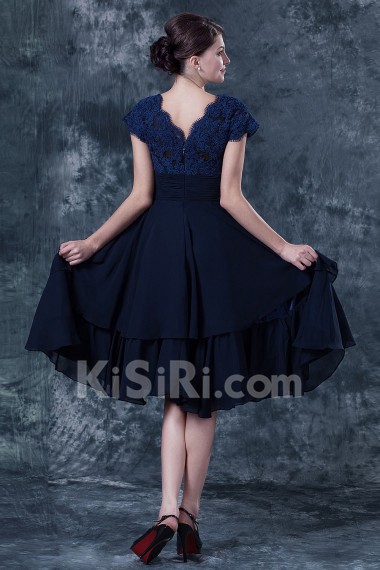 Chiffon and Lace Square Neckline Short Dress with Cap-Sleeves