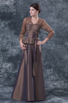 Taffeta and Lace V-Neckline Floor Length A-line Dress with Three-quarter Sleeves