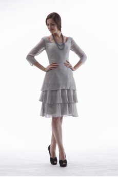 Chiffon Scoop Neckline Short A-line Dress with Three-quarter Sleeves