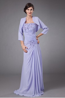 Chiffon One-Shoulder Empire Dress with Row Flower Beaded and Jacket