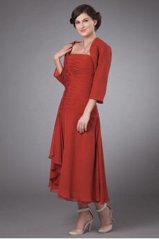 Chiffon Strapless Tea-Length Column Dress with Embroidery and Ruffle