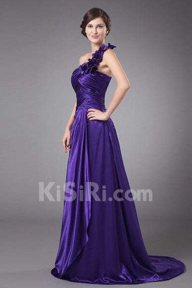 Chiffon One-Shoulder Empire Dress with Ruffle and Pleated