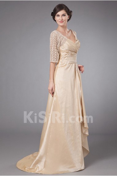 Taffeta Queen Anne Neckline A-line Dress with Embroidery and Ruffle