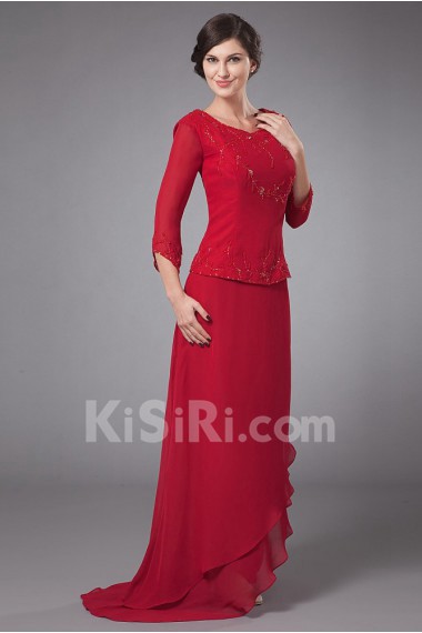 Chiffon Round Neckline Column Dress with Beaded Pleated and Long Sleeves
