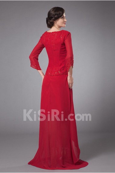 Chiffon Round Neckline Column Dress with Beaded Pleated and Long Sleeves